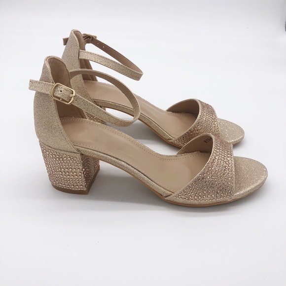 Shoes - Champagne/Rose Gold Block Heel Sandals Open Toe